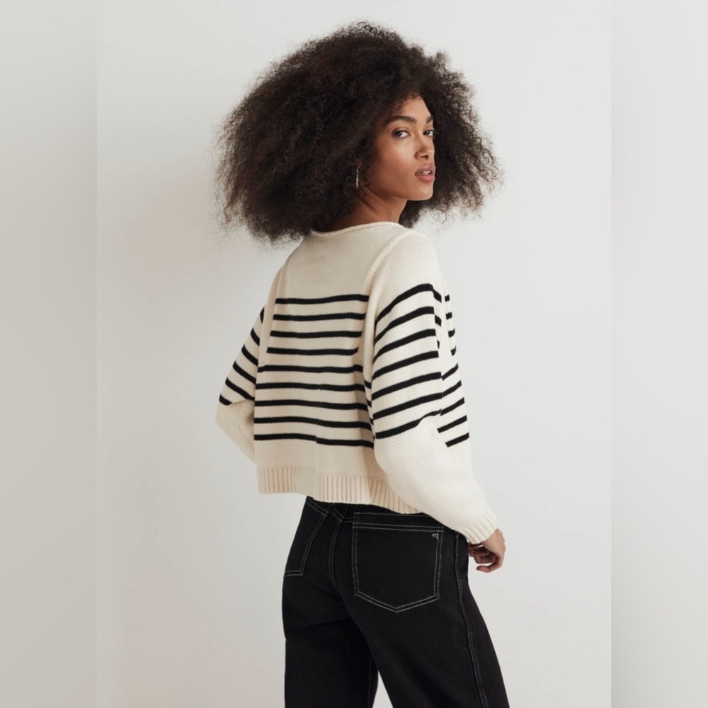 Madewell Rolled-Neck Cream and Black Striped Boatneck Sweater Medium EUC - Picture 4 of 11